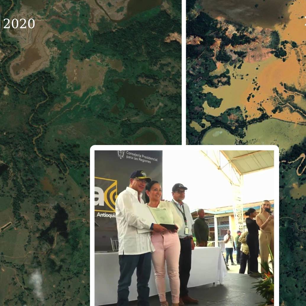 Antes y después del predio beneficiado por un título minero entregado por el presidente Gustavo Petro en 2024. FOTOS: Cortesía Google Earth y Presidencia