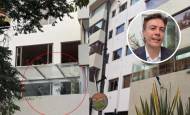 Daniel Quintero y su exsecretario de Gobierno, Esteban Restrepo, en el edificio donde está ubicado el apartamento que figura como domicilio de las cuatro empresas. Foto: EL COLOMBIANO