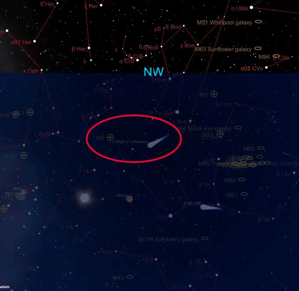 Esta es la trayectoria del cometa C/2025 V1 (Borisov). FOTO cortesía The Sky