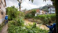 Equipos de poda cortan árboles que están a punto de caer al cauce de la quebrada Doña María del barrio San Javier en Itagüí Foto: Edwin Bustamante