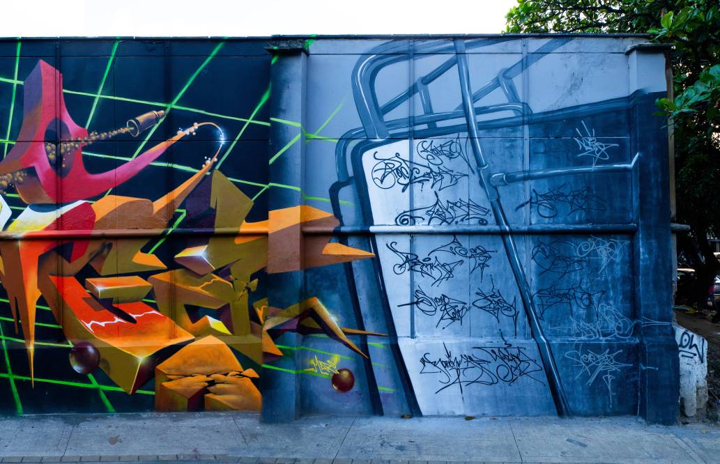 El mural “El graffiti y su legado en Medellín” fue creado por varios artistas urbanos en una superficie de 350 metros cuadrados. FOTO cortesía