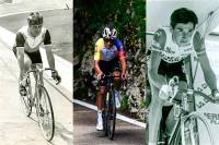Ramón Hoyos, el hombre por el que se dio origen al apodo “escarabajo” para identificar, por su forma de ascender en bici, al colombiano. Lucho Herrera, gran escalador y primer colombiano en ganar la Vuelta a España (1987); y Egan Bernal, campeón del Tour-2019 y Giro-2021. FOTOs El Colombiano y GETTY 