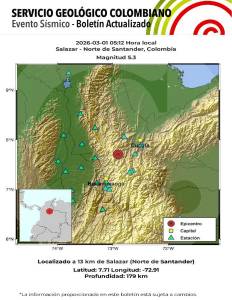 Sismo de magnitud 5,3 sacude a Colombia en la madrugada de este 1 de marzo