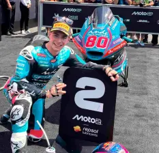 El piloto colombiano David Alonso logró su primer podio en el Mundial de Moto2, lo hizo en el Gran Premio de Chequia. Es quinto en la clasificación de pilotos. FOTO TOMADA X@AsparTeam