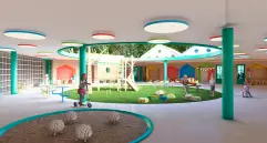 El concepto arquitectónico del Preescolar UPB se inspira en los espacios de un hogar, creando un entorno acogedor que no solo favorece el aprendizaje, sino que también fortalece en los niños el sentido de pertenencia y su capacidad para integrarse a la sociedad. Foto: Cortesía 