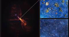 Las imágenes muestran la condensación de gas caliente en minerales sólidos alrededor de la estrella HOPS-315. A la izquierda, observación de ALMA; los recuadros ilustran moléculas de monóxido de silicio transformadas en silicatos. FOTO: Agencia Sinc/ESO/L.Calçada/ALMA