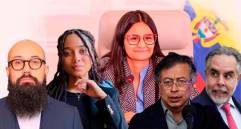 Angie Rodríguez junto al presidente Petro en la Plaza de Bolívar de Bogotá el 1 de mayo de 2025 con la bandera de Guerra a Muerte. FOTO Presidencia