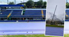 La pista de atletimo Alfonso Galvis fue entregada oficialmente el 19 de junio, tras una inversión de 21.000 millones de pesos. Desde la semana pasada empezó el montaje de uno de los escenarios para el festival EDC, permitiendo el paso de grúas y camiones por sobre el tapete de los corredores. FOTOS: CORTESÍA ALCALDÍA DE MEDELLÍN Y CIUDAD SUR
