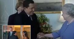 Lo sucedido con Petro fue comparado con un suceso en donde Chávez quiso romper el protocolo para abrazar a la reina Isabel II. Fotos: Capturas de videos 