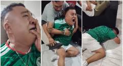Una pantalla gigante encendida, tres hombres en un sillón negro y un hincha con la camiseta verde de México, que camina como un “león enjaulado” frente al televisor ante la eliminación del equipo del Mundial 2026. FOTO: Captura de video de redes sociales