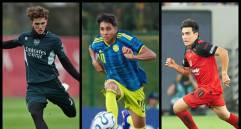Max Dowman (izquierda), Samuel Martínez (centro) y Gilberto Mora (derecha) son 3 de los volantes creativos más prometedores del fútbol mundial. FOTO GETTY 