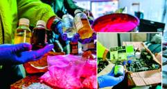 En la foto de adelante se pueden evidenciar los fármacos de uso veterinario que estarían usando los traficantes para elaborar drogas en Medellín. Atrás uno de los operativos donde las autoridades encontraron el tusi siendo mezclado con frascos de Ketamina. FOTO: Cortesía