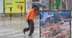 Adelante, los estragos causados en la vereda Manzanillo de Altavista. Atrás, lluvias de Medellín. FOTO: EL COLOMBIANO y Cortesía Denuncias Antioquia