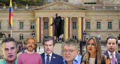 Aníbal Gaviria, Juan Daniel Oviedo, Juan Manuel Galán, Mauricio Cárdenas, Vicky Dávila y David Luna, frente a la Casa de Nariño, en un escenario marcado por alianzas y movimientos presidenciales. FOTOS: COLPRENSA Y CORTESÍA