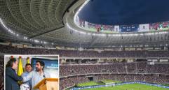 Adelante, el alcalde de Medellín junto al gerente del Inder y el vocero de LaLiga española. Atrás, como se vería el estadio en 2028. FOTO: Cortesía.