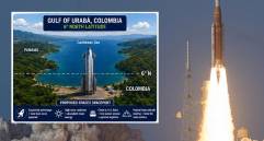 Imagen de referencia de un cohete saliendo hacia el espacio exterior y una recreación publicada en X. FOTO: GETTY y @holdmybirra en X
