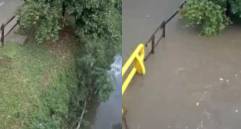 Con la intensidad de una lluvia que duró 44 minutos, la quebrada La Presidenta se desbordó en El Poblado. Foto: captura de video cámaras de seguridad