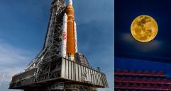 A la izquierda vemos el llamado transportador de orugas 2 de la Nasa, que transporta el cohete Artemis II SLS (Sistema de Lanzamiento Espacial) con la nave espacial Orión fijada al lanzador móvil 1. La idea es que Artemis II le dé una vuelta a la Luna este año. FOTO Cortesía Nasa/Cory S Huston y Camilo Echevery.