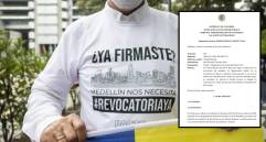 Adelante, la decisión judicial. Atrás, un plantón en favor de la revocatoria al entonces alcalde Daniel Quintero. Foto: Andrés Camilo Suárez Echeverry