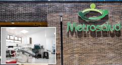 Adelante, una de las intervenciones hechas en una sede de Metrosalud. Atrás, fachada de uno de sus centros asistenciales. Foto: Jaime Pérez Munévar y Cortesía