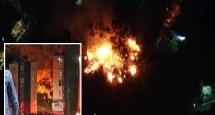 Adelante, el fuego visto desde un edificio cercano. Atrás, toma aérea de la emergencia. FOTO: Cortesía Denuncias Antioquia