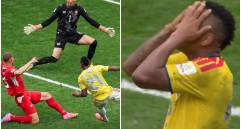 Un despeje fallido de la zaga europea dejó a Jáminton Campaz con el balón dominado y el arco a su merced, pero el atacante erró un increíble remate por encima del travesaño. FOTO: Getty y captura de video de redes sociales @DSports