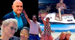 De izquierda a derecha, Verónica Alcocer en diferentes escenas: con la DJ Gunn Lundemo en Estocolmo (Suecia), bailando con el hoy senador del Pacto Histórico Agmeth Escaf, recibiendo un masaje del coreógrafo Nerú en Cartagena y con la española Eva Ferrer. Arriba, el catalán Xavier Vendrell. Foto: Redes sociales/EL COLOMBIANO.