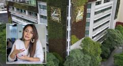 Adelante, la directora del Área Metropolitana del Aburrá, Paula Palacio Salazar. Atrás, fachada del edificio.Foto: Juan Antonio Sánchez Ocampo y cortesía.