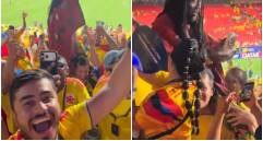 El supuesto hechicero de la Selección de Ghana, lejos de lamentar la derrota 1-0 que dejó a su equipo fuera del Mundial 2026, terminó cargado en hombros y festejando la clasificación junto a la fanaticada colombiana. FOTO: Captura de video de redes sociales 