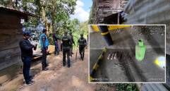 Adelante, los explosivos hallados al interior del inmueble. Atrás, operativo policial en Buriticá. FOTO: Cortesía Policía Antioquia e imagen tomada de redes.