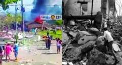 A la izquierda, Buenos Aires, Cauca, tras el ataque reciente que dejó explosiones y una humareda sobre el parque principal; a la derecha, Ituango, Antioquia, después de una toma guerrillera de 1995 por parte de las FARC. El parecido es tenebroso. FOTO Captura de video y Donaldo Zuluaga