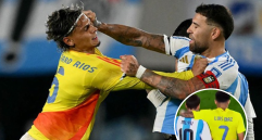 Richard Ríos y Nicolás Otamendi terminaron a los golpes y con insultos el duelo entre Argentina y Colombia por la Eliminatoria. FOTO AFP