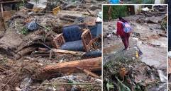 Adelante, una de las estudiantes intentando cruzar el afectado puente. Atrás, lodo y palos arrastró la quebrada en la creciente pero también basura, escombros y muebles que tiran los insensatos de la zona. FOTO: cortesía