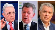 Los expresidentes Álvaro Uribe, Juan Manuel Santos e Iván Duque rechazaron la intención de Gustavo Petro de convocar una consulta popular por decreto, tras su hundimiento en el Senado. FOTO: GETTY-COLPRENSA-CARLOS VELÁSQUEZ