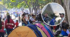 Los indígenas instalaron carpas y hamacas en las afueras del centro administrativo La Alpujarra. Inicialmente bloquearon la movilidad en la zona, pero luego de ubicaron sin afectar la circulación vehicular. FOTO: Camilo Suárez - captura de video