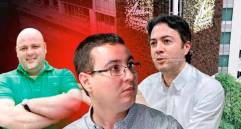 Miguel Quintero (izq.), el hermano del exalcalde de Medellín Daniel Quintero (der.), habría tenido un papel en el entramado de corrupción del AMVA durante la gerencia de Juan David Palacio (centro). FOTO. EL COLOMBIANO 