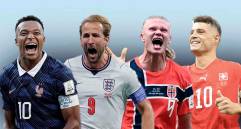 Kylian Mbappé (Francia), Harry Kane (Inglaterra), Erling Haaland (Noruega) y Granit Xhaka (Suiza), cuatro figuras que se mentienen en competencia en la Copa del Mundo. FOTO GETTY 