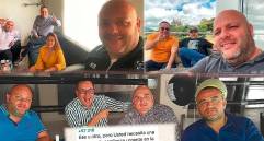 Arriba (izq) Jorge Liévano, Álvaro Villada y Miguel Quintero con Alethia Arango, otra imputada por presunta corrupción, en las oficinas de Metroparques. Arriba también (der), Villada, Liévano y Quintero en una finca; abajo, los mismos tres con Edison López en un restaurante de Laureles. FOTOS CHAT DE “AMIGOS”