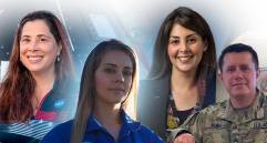 De izquierda a derecha: Liliana Villareal, directora de aterrizaje y recuperación de Artemis 2; Sara Rengifo, ingeniera en el Centro de Vuelos Espaciales Marshall; Diana Trujillo, directora de vuelo en el Centro Espacial Johnson, y Luis Felipe Mora, ingeniero de pruebas estructurales. FOTOS cortesía
