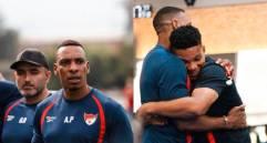 Amaranto Perea llegó para empezar su proceso con el DIM y, como lo muestra la imagen, tuvo un encuentro emotivo con jugadores como Frank Fabra. FOTO @DIM_Oficial