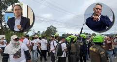 El altercado se habría originado por un mural que varias personas hicieron al frente de la propiedad del expresidente, alusiva a los falsos positivos. Imágenes tomadas de redes sociales y de EL COLOMBIANO. 