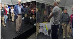 El expresidente Álvaro Uribe y el senador Andrés Guerra durante el evento en Itagüí en el que apagaron las luces. FOTOS: Cortesía