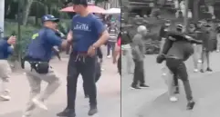 En un video, difundido en redes sociales, los grupos de gestores de convivencia de la Secretaría de Seguridad de Medellín fueron captados agrediendo a un ciudadano venezolano. Al parecer, los agredidos estarían cometiendo varias infracciones en el Parque Bolívar. FOTO: TOMADA DE VIDEO