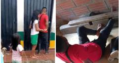 Fotogramas del video en los que se observa al hombre abriendo la puerta de una escuela y luego siendo castigado con un cepo. FOTO: Cortesía