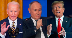 El presidente de los Estados Unidos, Joe Biden; el de Rusia, Vladimir Putin, y el expresidente de EE. UU. Donald Trump lideraron una discusión por las elecciones presidenciales de 2024. FOTO: GETTY