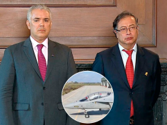 En la imagen el expresidente Iván Duque junto al presidente Gustavo Petro y en la foto detalle una imagen de referencia de los aviones M346. FOTO PRESIDENCIA Y FLIGHT HOURS. 