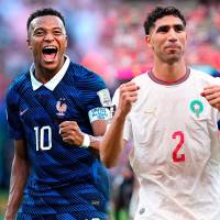 Kylian Mbappé y Achraf Hakimi, referentes de los seleccionados de Francia y Marruecos que se enfrentan este jueves en EE. UU. FOTO GETTY