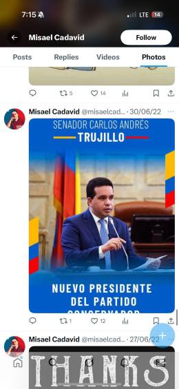 Publicación promoviendo a Carlos Andrés Trujillo aparecida en la cuenta de Misael Cadavid. FOTO: Tomada de redes sociales
