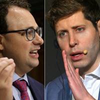 Dario Amodei, director de Anthropic; y Sam Altman, CEO de OpenAI, piden frenar la IA. FOTO: AFP.