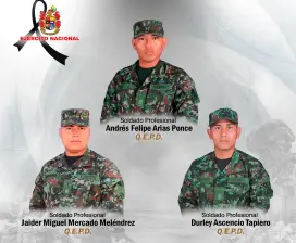 Estos son los tres militares asesinados por el ELN en el municipio de Chita, Boyacá. FOTO: CORTESÍA DEL EJÉRCITO.
